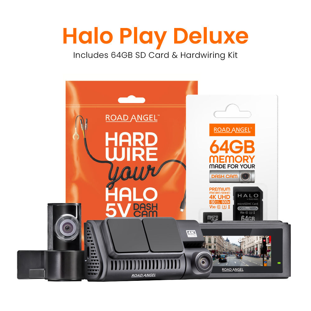New- Road Angel Halo Play 4K Dual Dash Cam with 3.2" Screen & 64GB SD Card & Hardwiring Kit Bundle