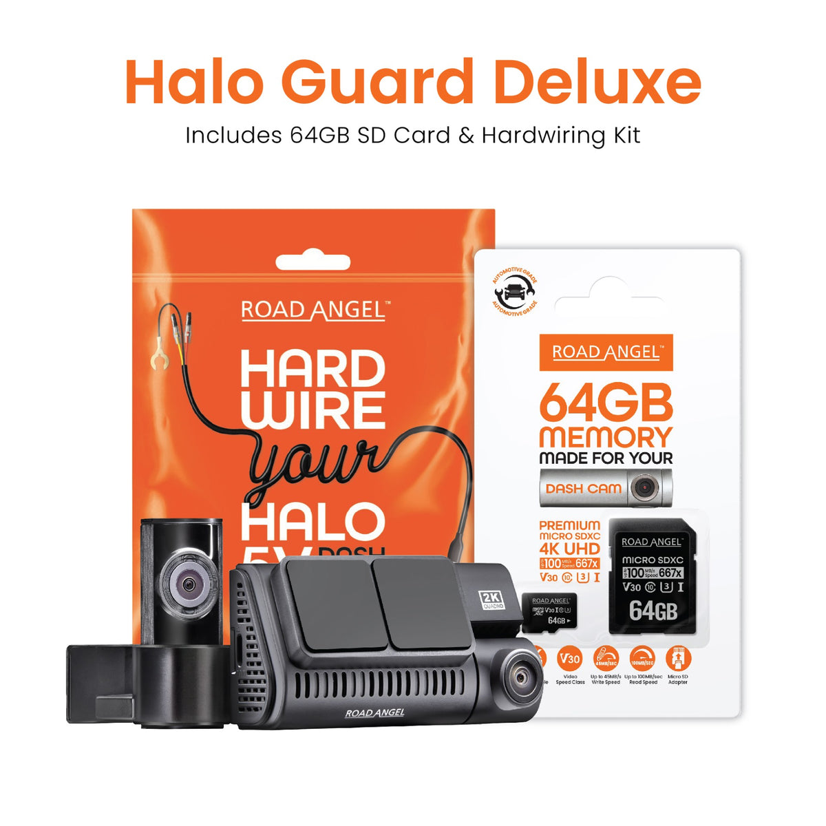New- Road Angel Halo Guard 2K 1 channel Dash Cam with Parking Mode & Quick Release mounting With 64GB SD Card & Hardwiring Kit Bundle