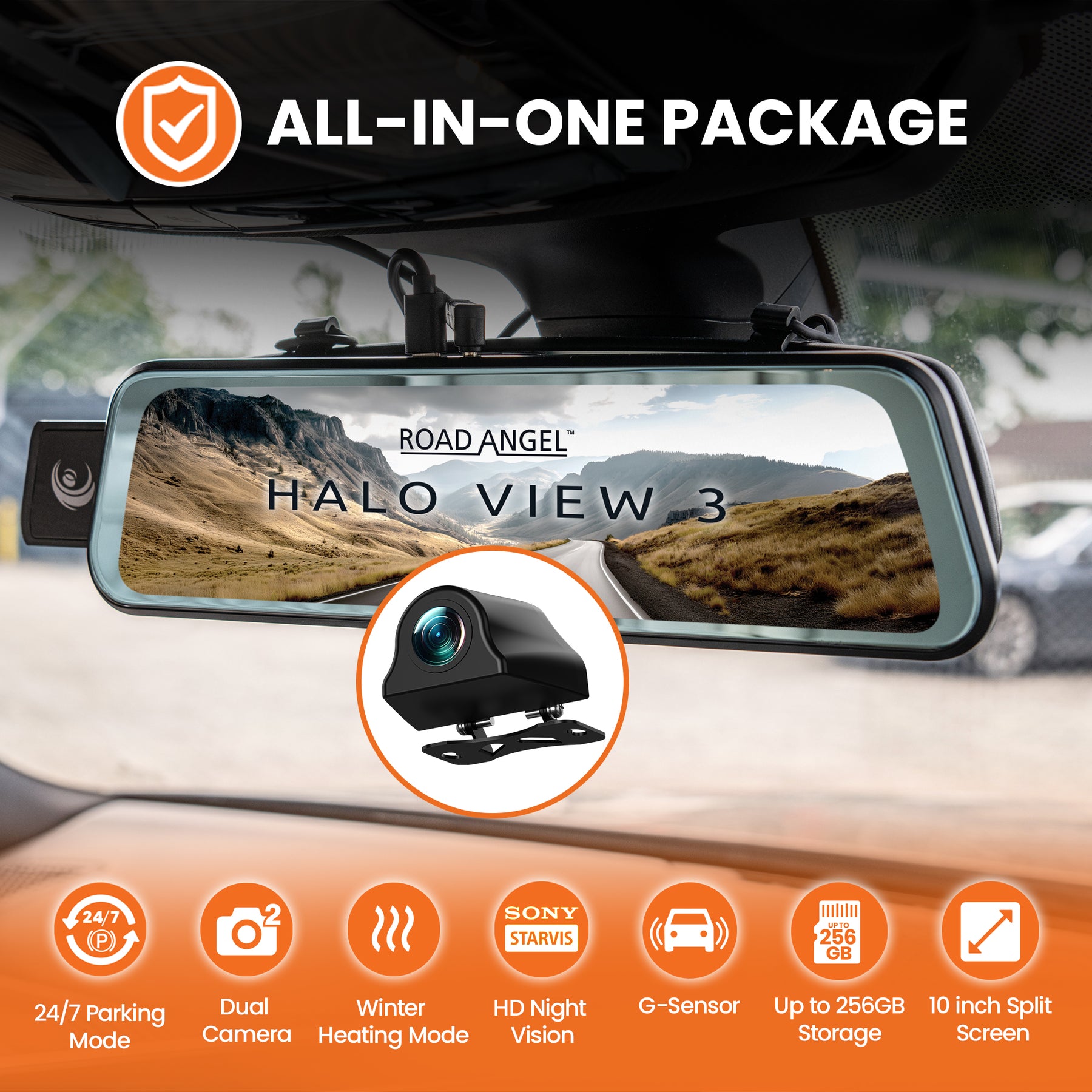 New - Halo View 3 4K – 2160p & 1080p Front & Rear Anti-Glare Mirror Dash Cam with integrated 10 inch LCD touchscreen & Reverse Parking Aid